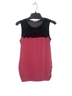 Social Teen Pink & Black Mesh Heart Yoke Ruched Side Sleeveless Top Size Medium